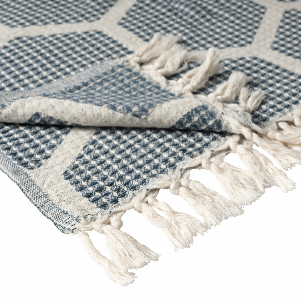 Blue and Off White Woven Cotton Geometric Throw Blanket - Minihomy