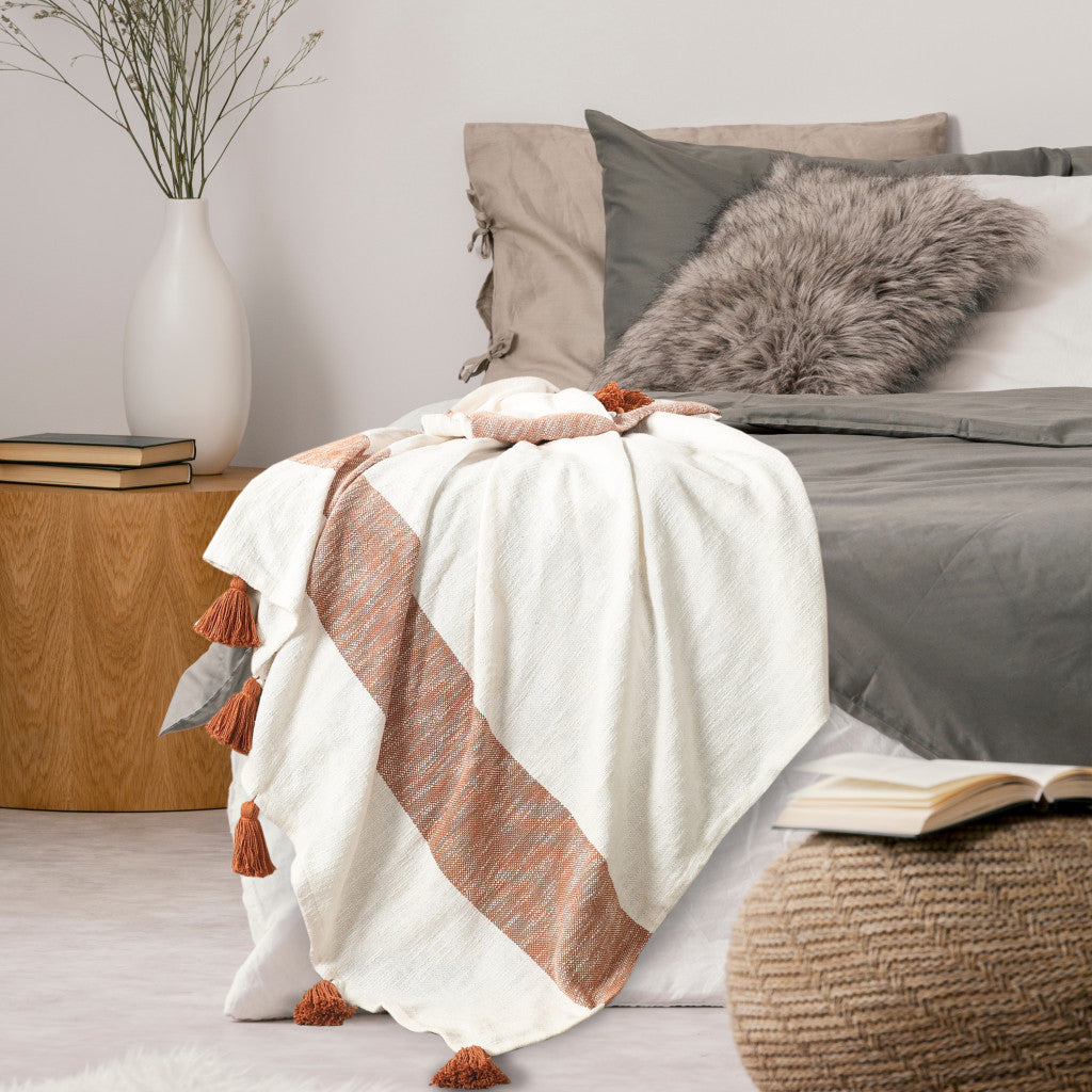 Orange Woven Cotton Striped Throw Blanket - Minihomy