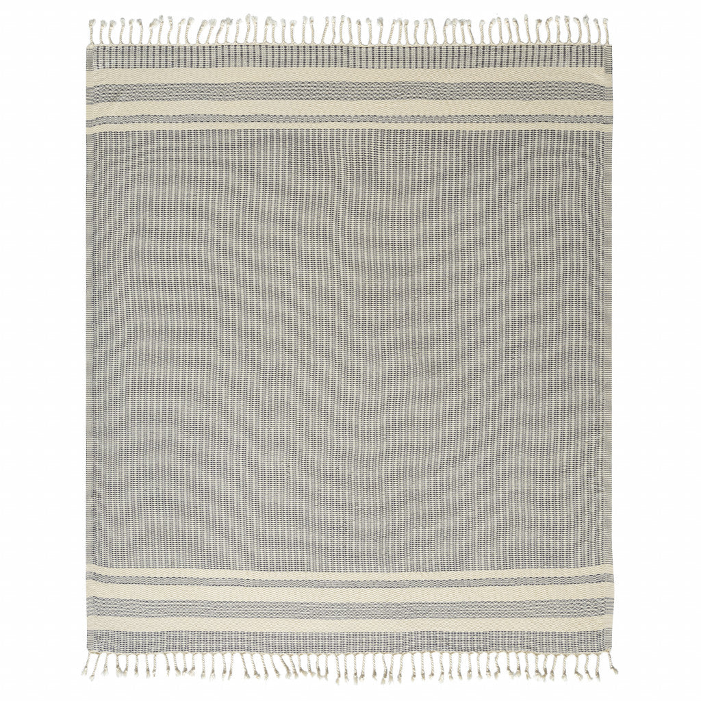 Blue and White Woven Cotton Striped Throw Blanket - Minihomy