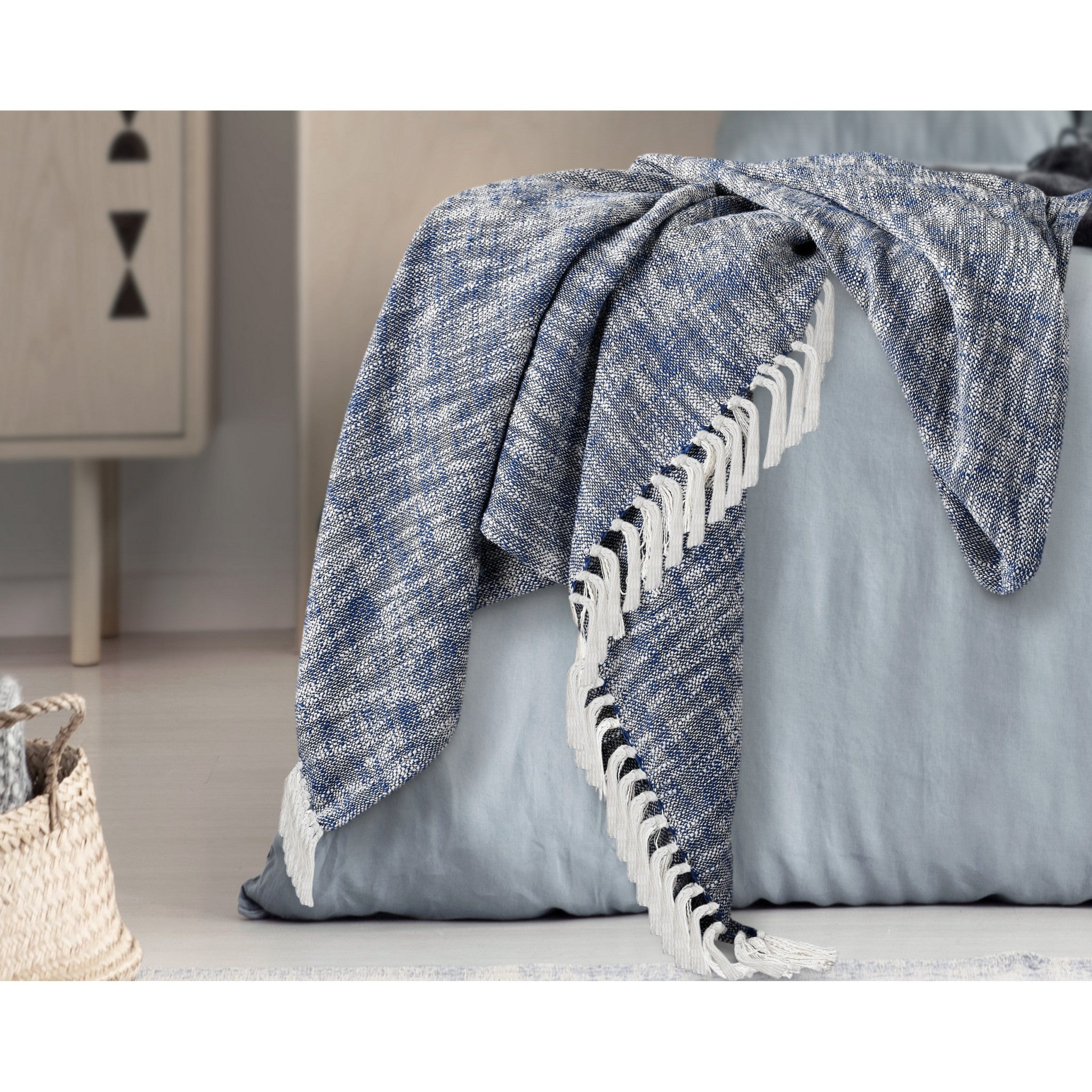 Blue and White Woven Cotton Solid Color Throw Blanket - Minihomy