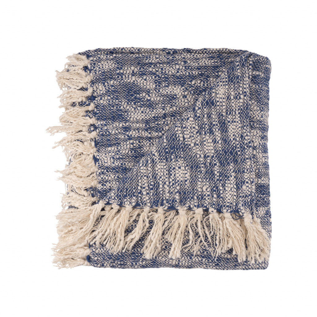 Blue and White Woven Cotton Solid Color Throw Blanket - Minihomy