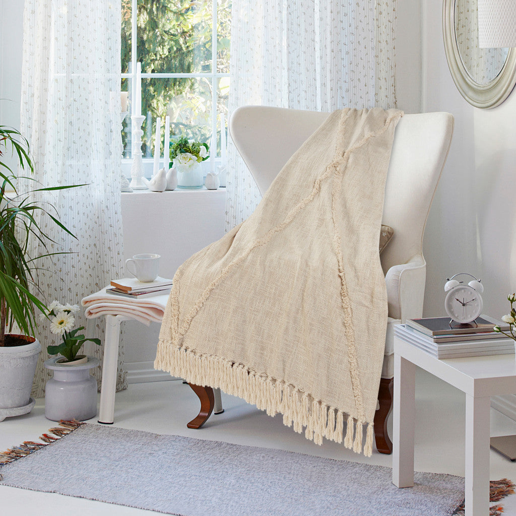 Cream Woven Cotton Solid Color Throw Blanket - Minihomy