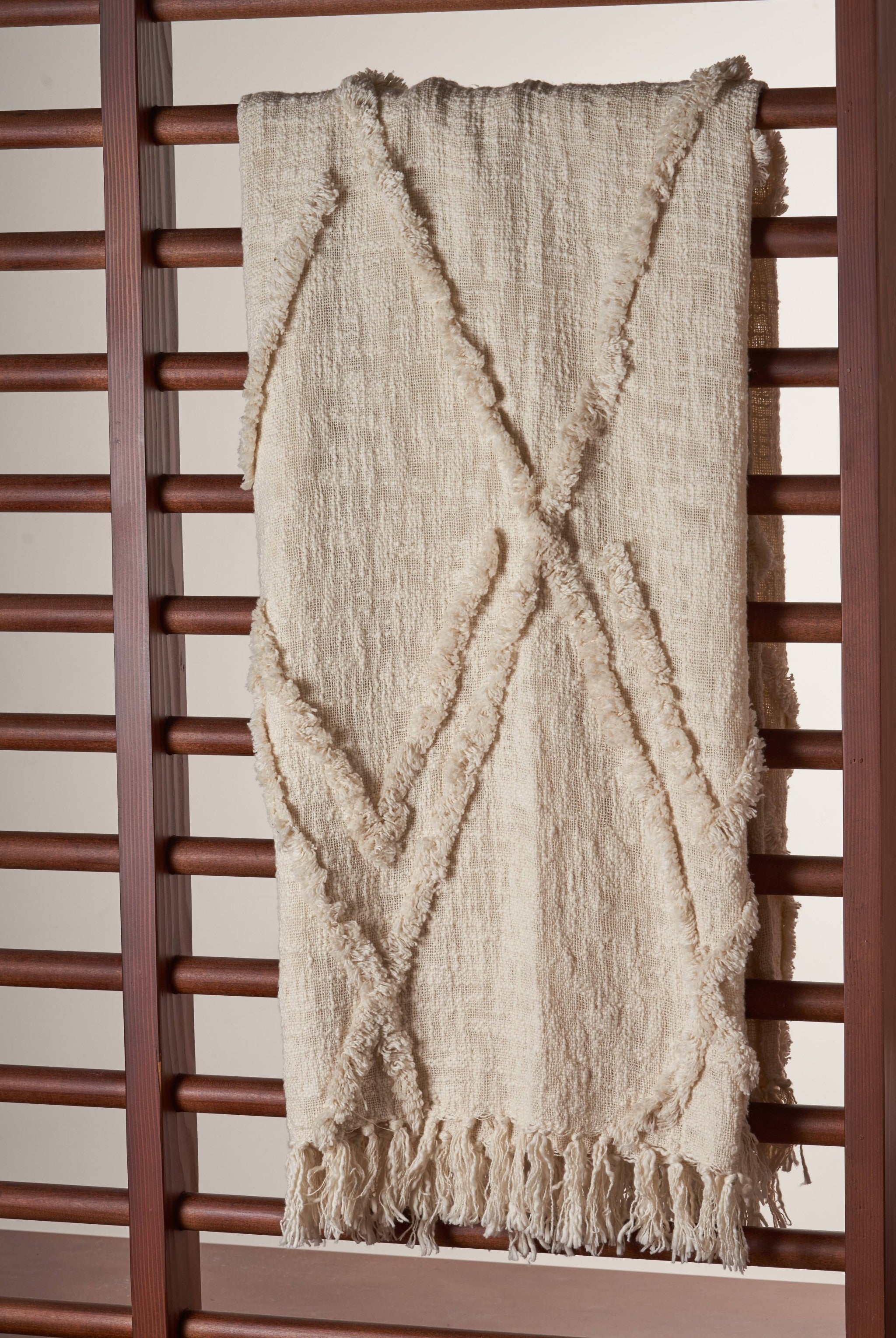 Beige Woven Cotton Geometric Throw Blanket - Minihomy