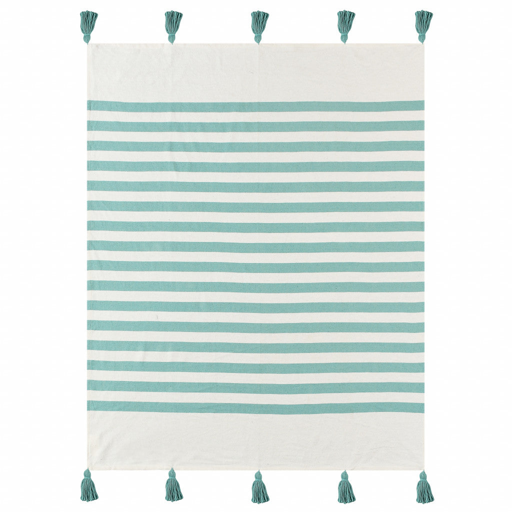 Blue and White Woven Cotton Striped Throw Blanket - Minihomy