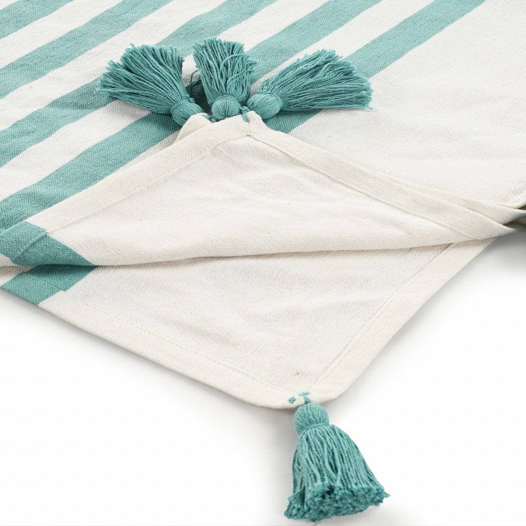 Blue and White Woven Cotton Striped Throw Blanket - Minihomy