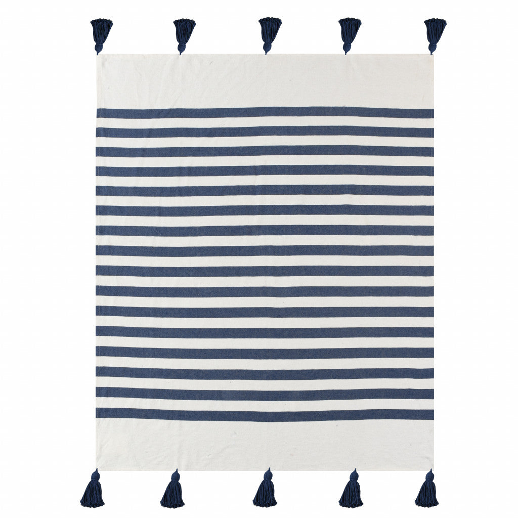 Blue and White Woven Cotton Striped Throw Blanket - Minihomy