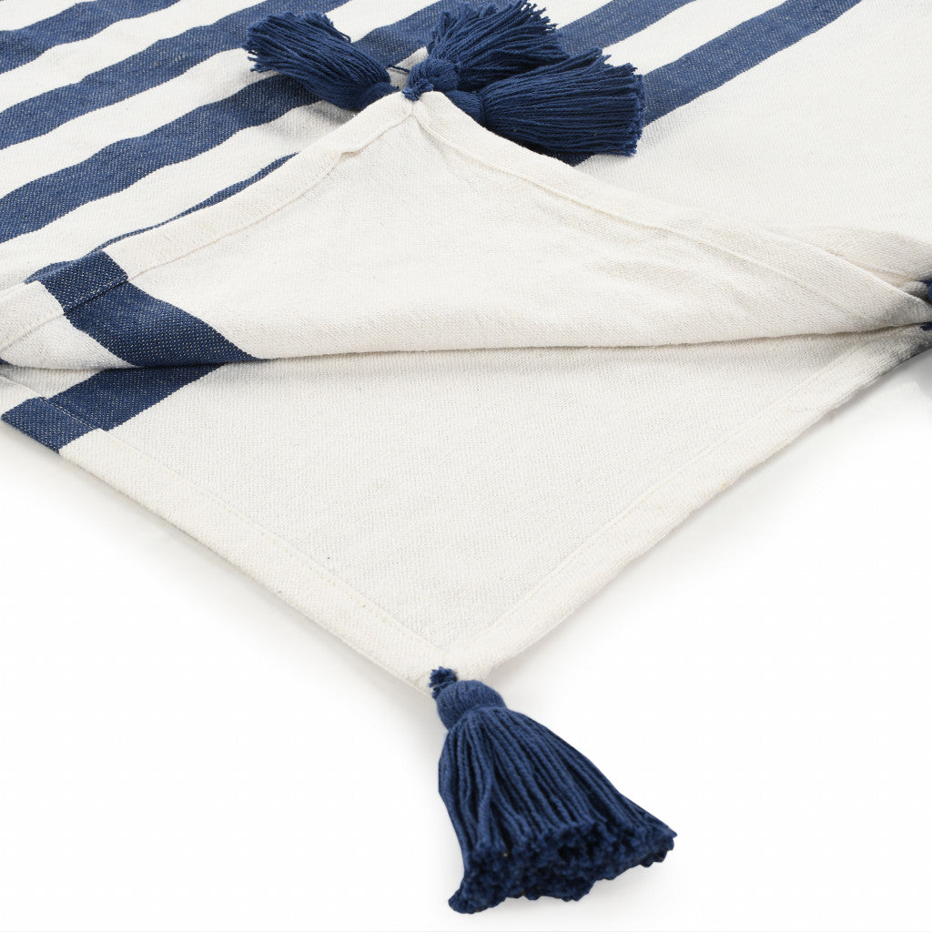 Blue and White Woven Cotton Striped Throw Blanket - Minihomy