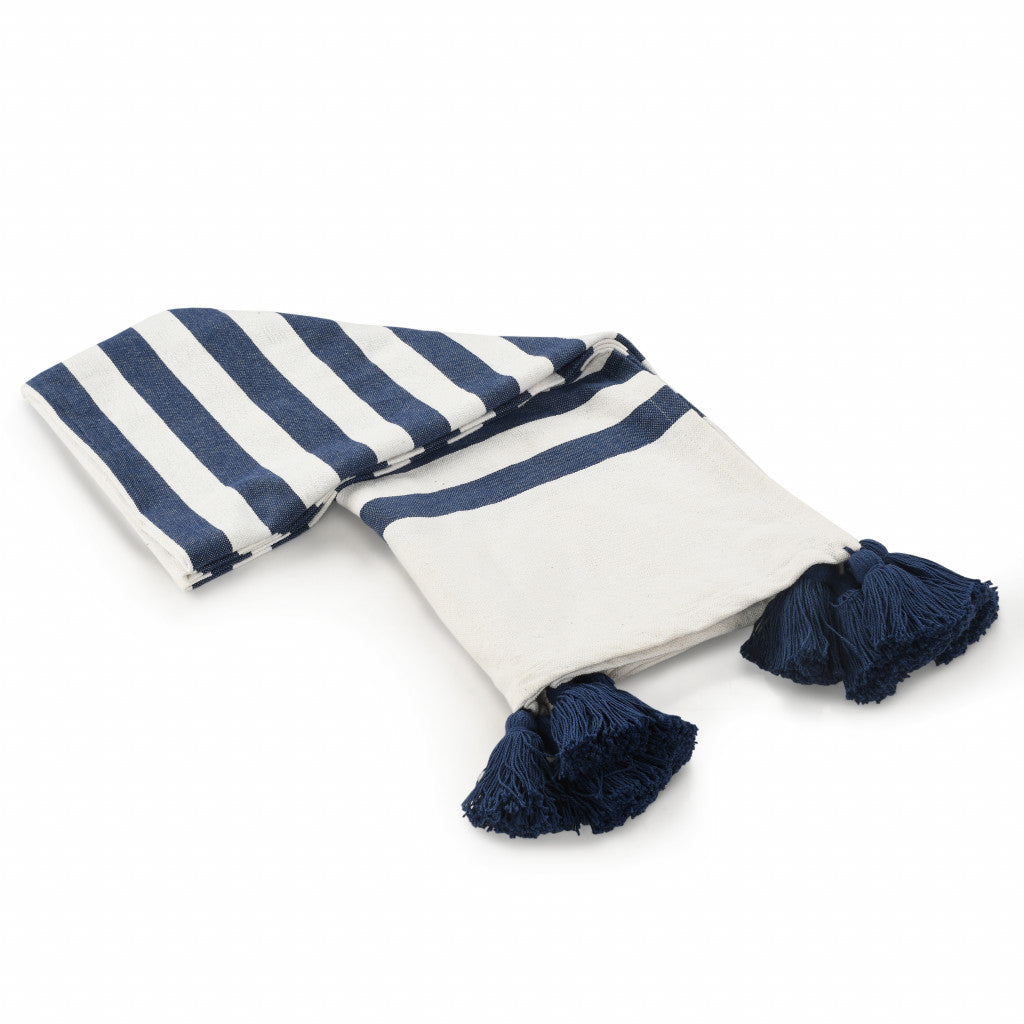 Blue and White Woven Cotton Striped Throw Blanket - Minihomy