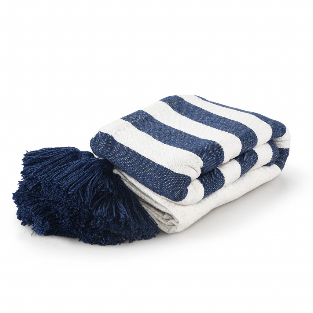 Blue and White Woven Cotton Striped Throw Blanket - Minihomy