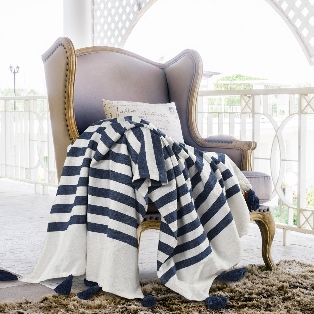 Blue and White Woven Cotton Striped Throw Blanket - Minihomy