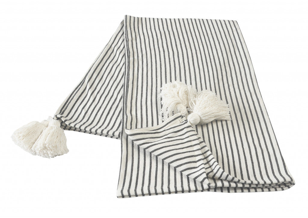 Black and White Woven Cotton Striped Throw Blanket - Minihomy