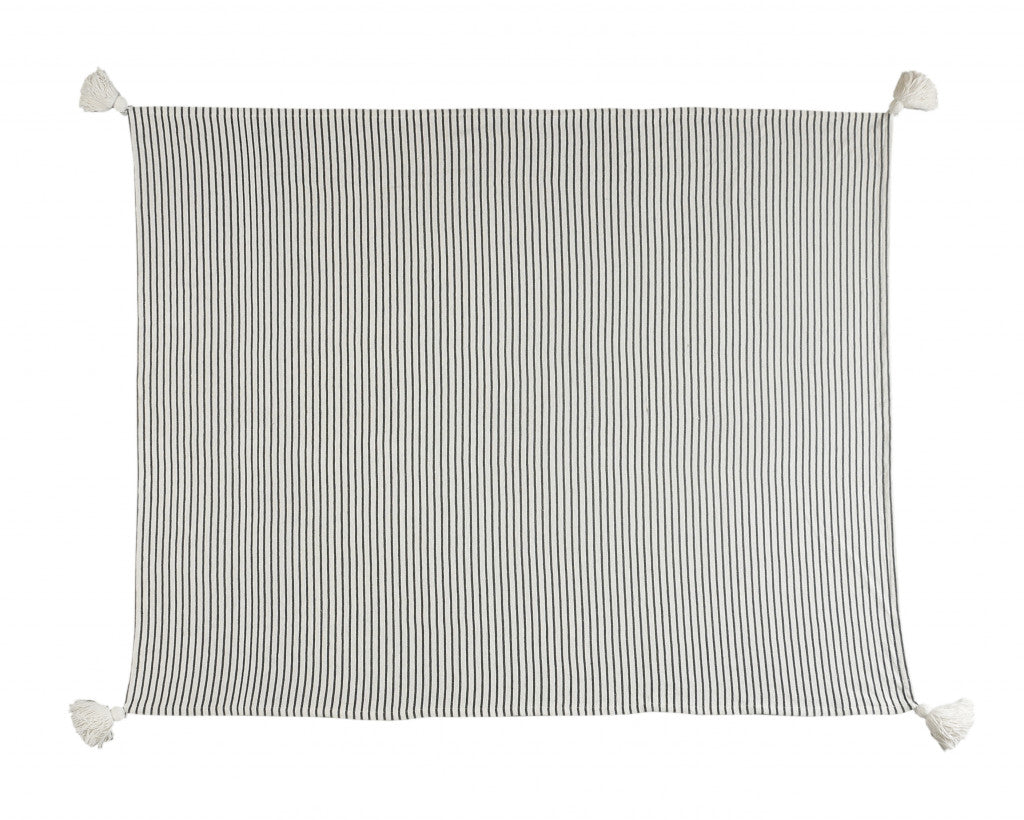 Black and White Woven Cotton Striped Throw Blanket - Minihomy