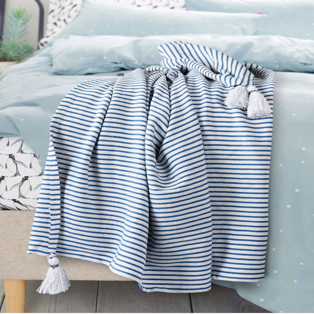 Blue and White Woven Cotton Striped Throw Blanket - Minihomy