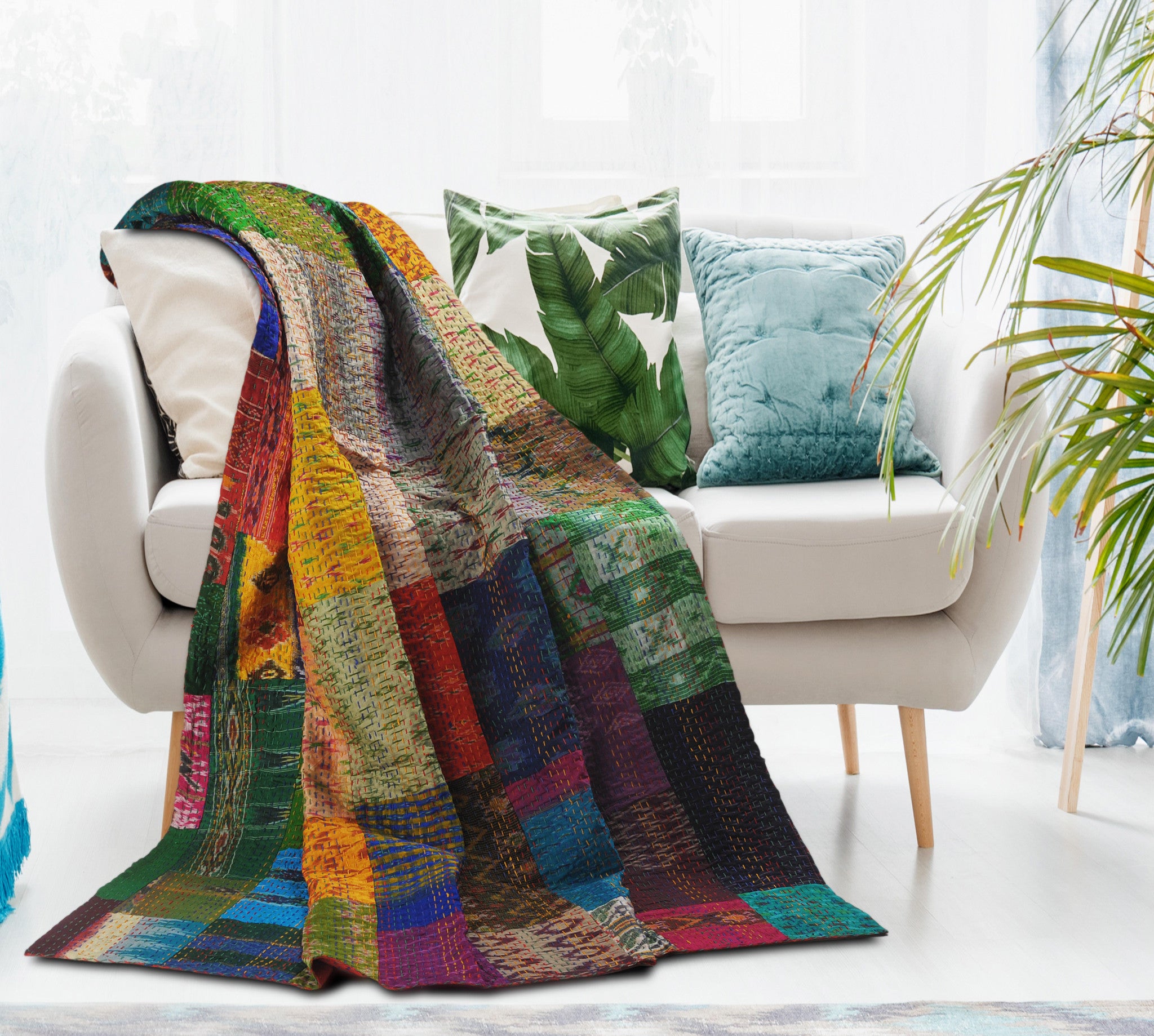 Blue and Green Knitted Silk Patchwork Throw Blanket - Minihomy