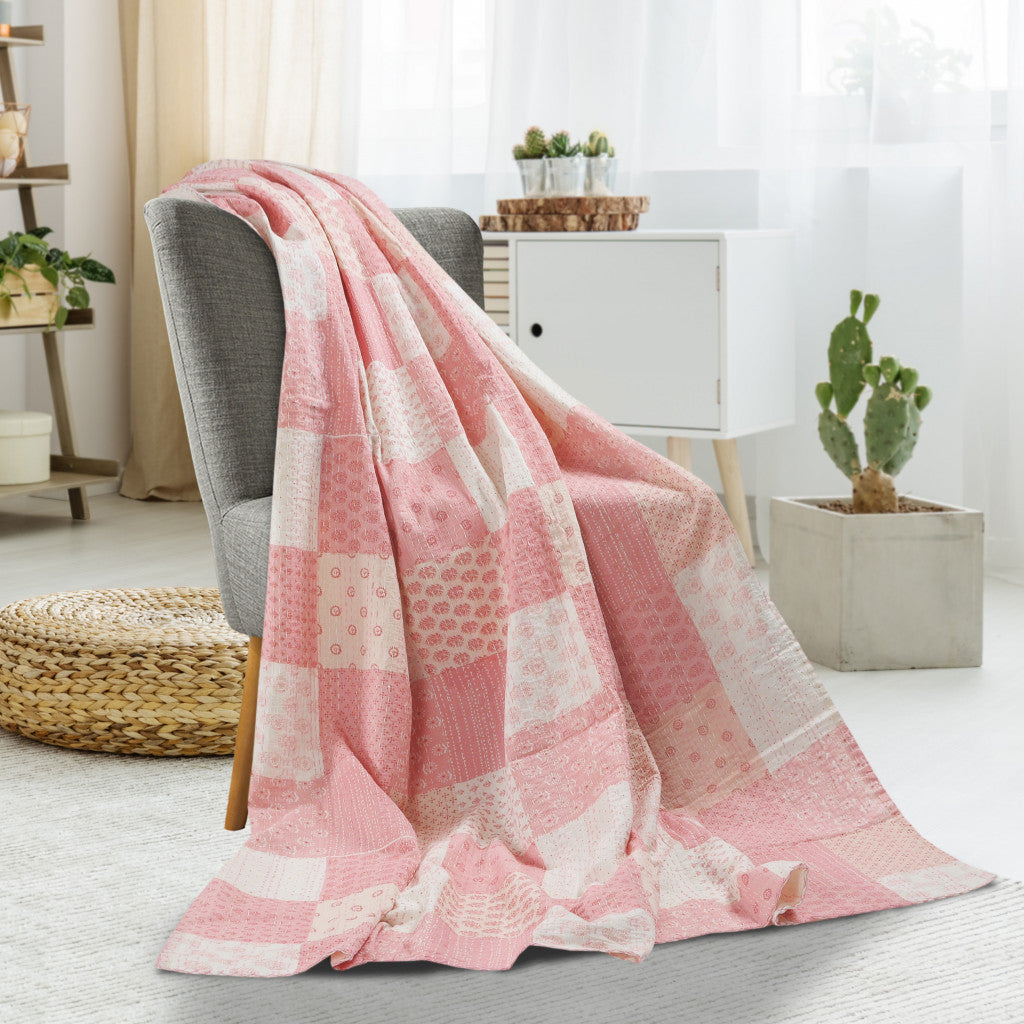 Pink Knitted Cotton Patchwork Throw Blanket - Minihomy