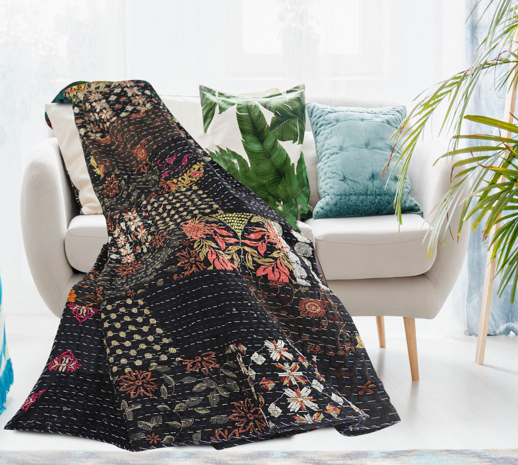 Black Knitted Cotton Patchwork Throw Blanket - Minihomy