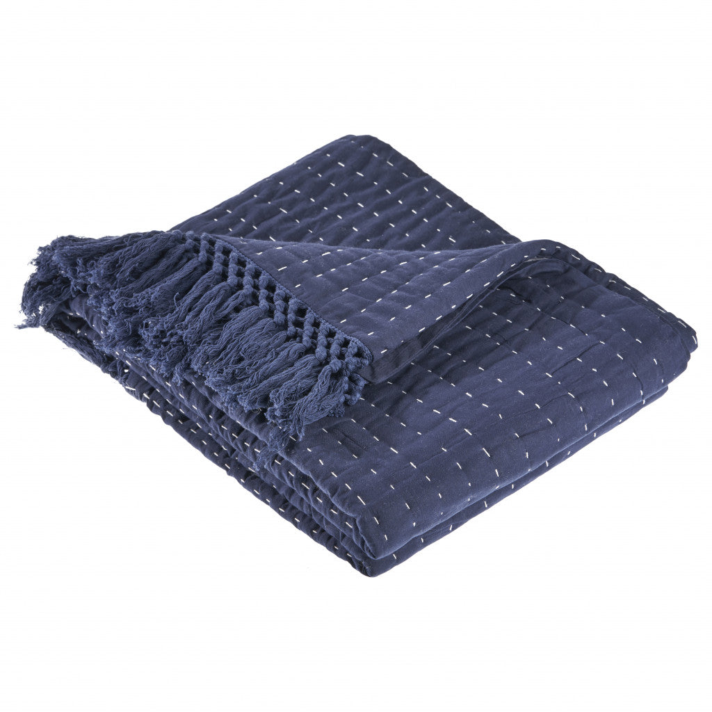 Blue Woven Cotton Solid Color Throw Blanket - Minihomy