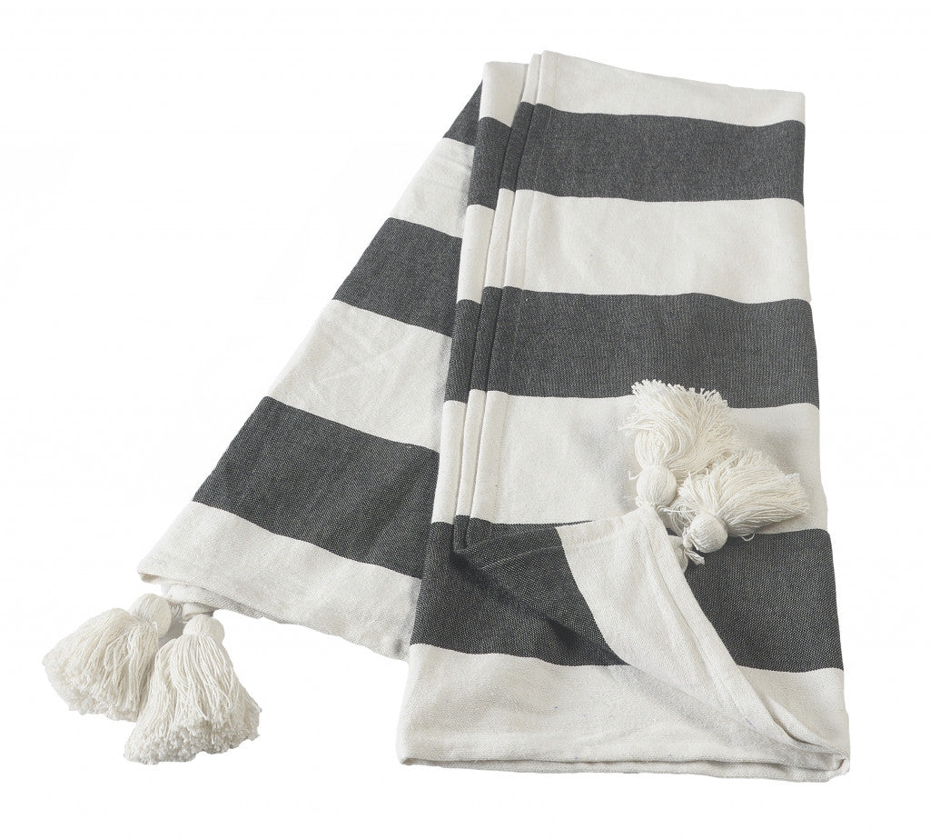 Gray and White Woven Cotton Striped Throw Blanket - Minihomy