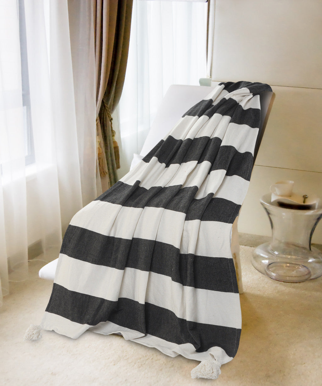 Gray and White Woven Cotton Striped Throw Blanket - Minihomy