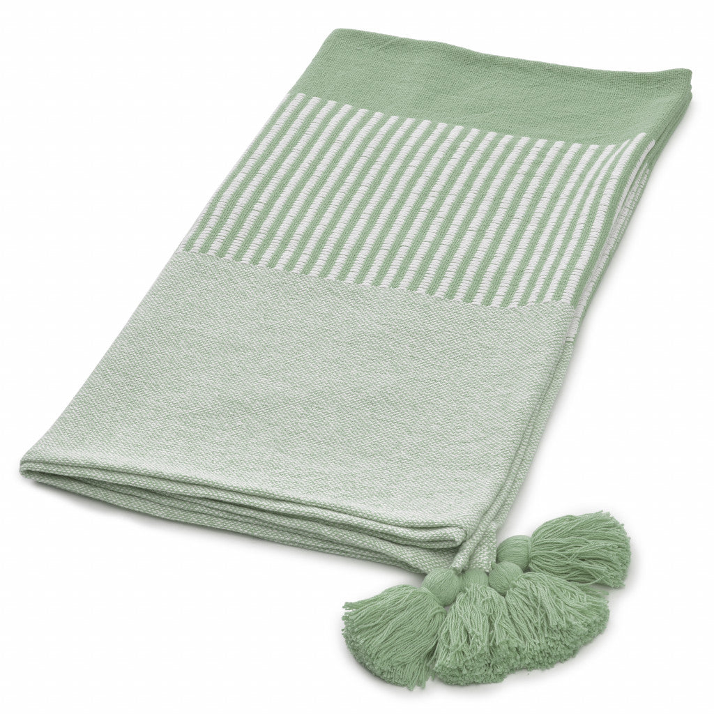 Green Woven Cotton Striped Throw Blanket - Minihomy