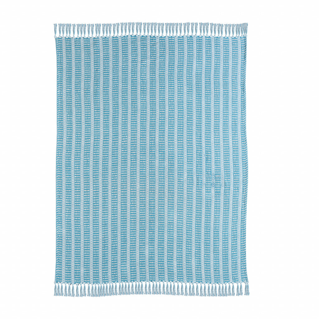 Blue and White Woven Cotton Striped Throw Blanket - Minihomy