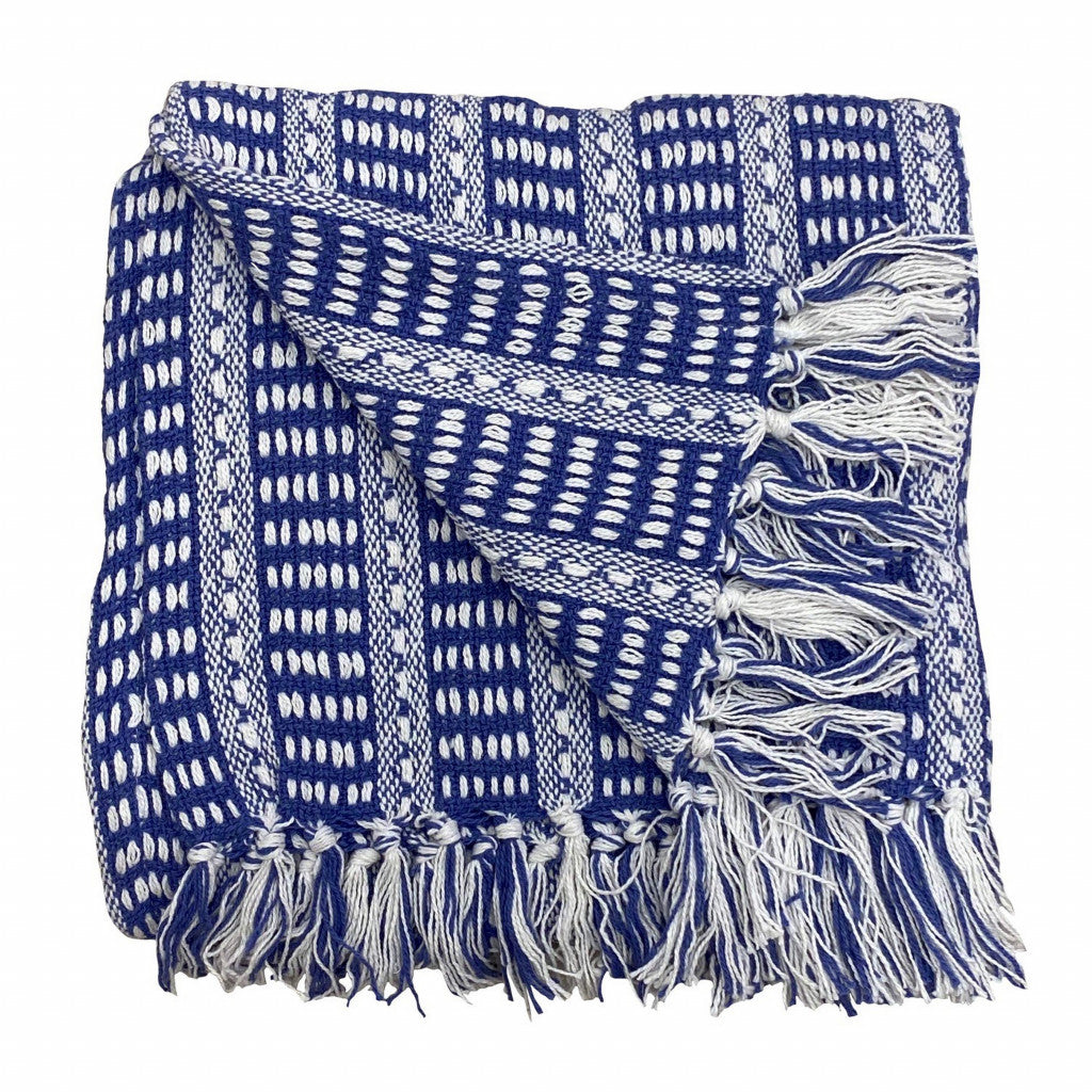 Blue and White Woven Cotton Striped Throw Blanket - Minihomy