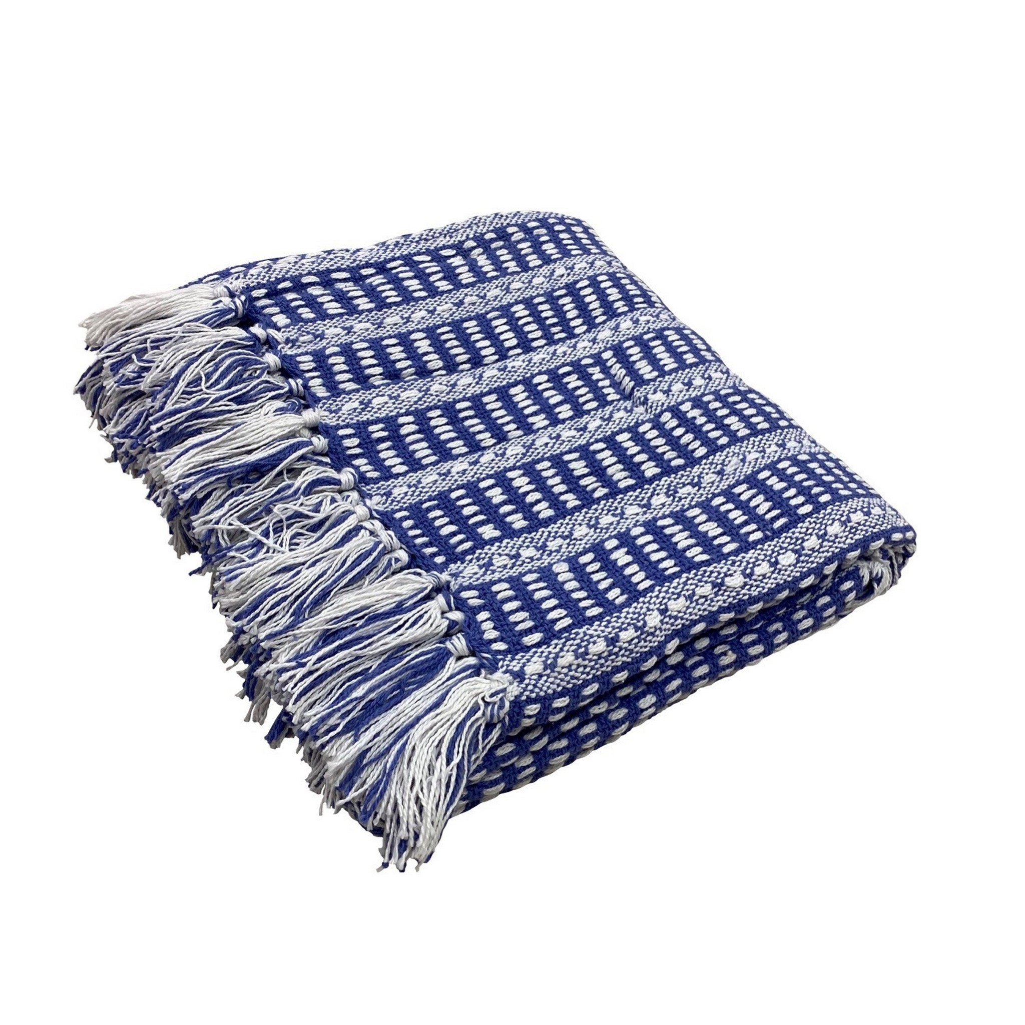 Blue and White Woven Cotton Striped Throw Blanket - Minihomy