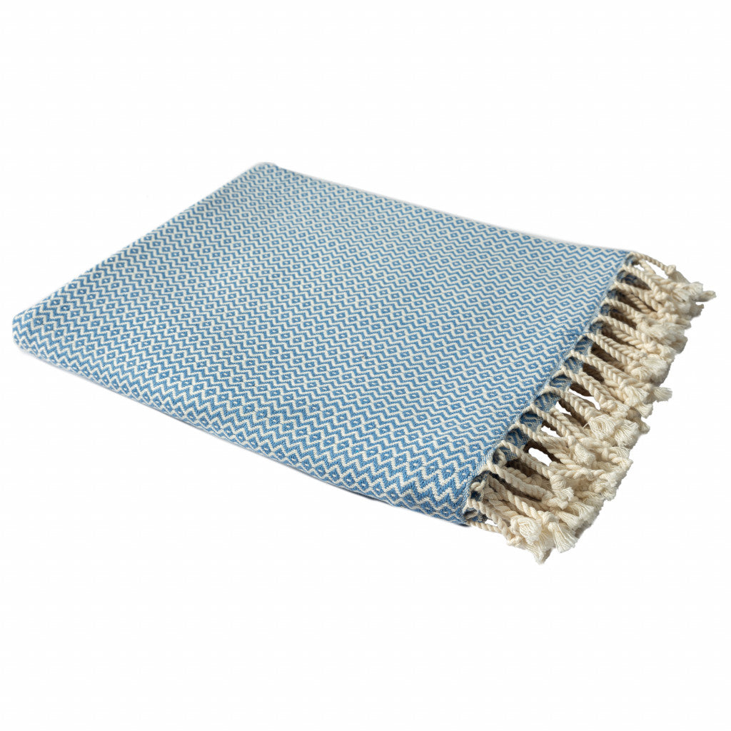 Blue and White Woven Cotton Geometric Throw Blanket - Minihomy