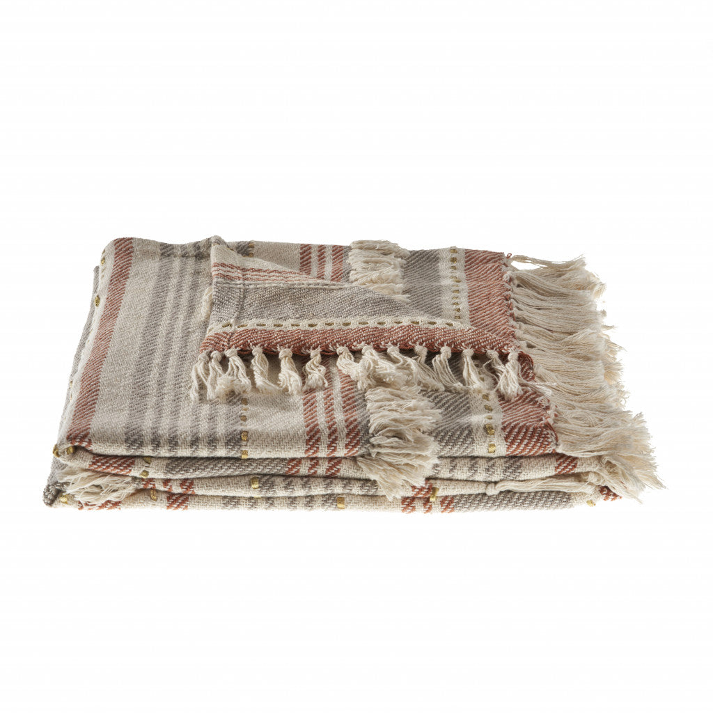 Beige Woven Cotton Striped Throw Blanket - Minihomy