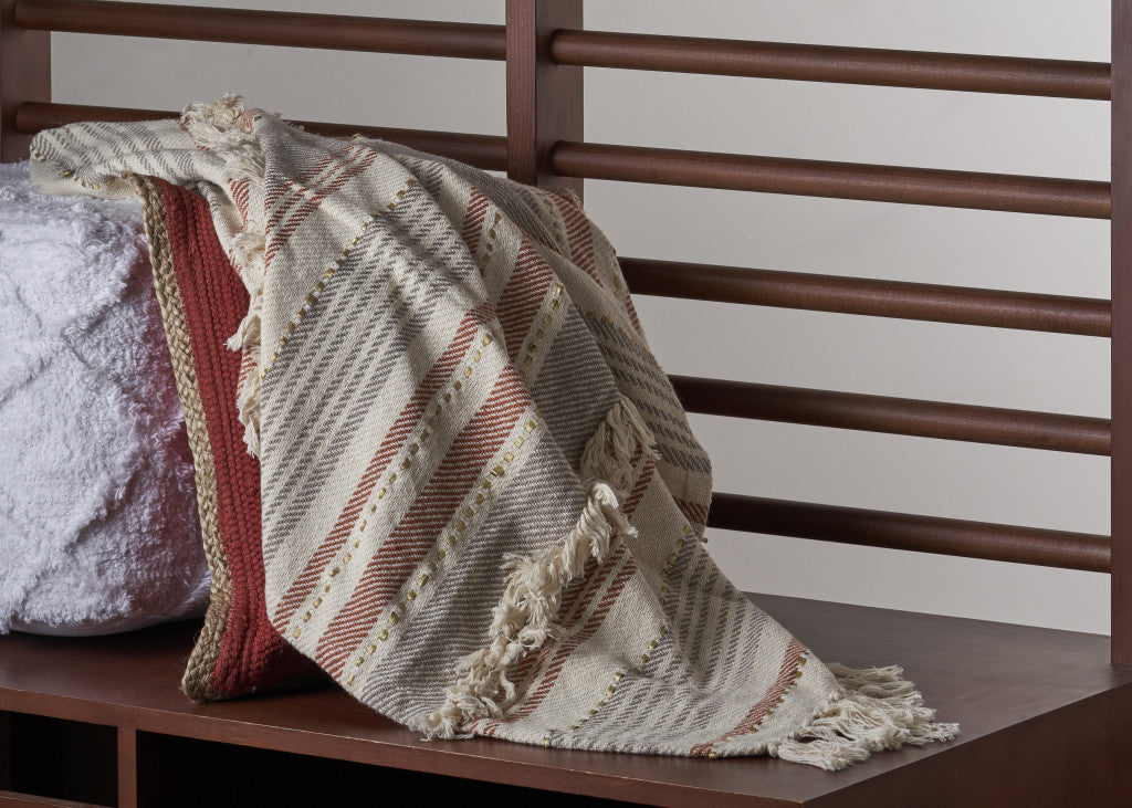 Beige Woven Cotton Striped Throw Blanket - Minihomy