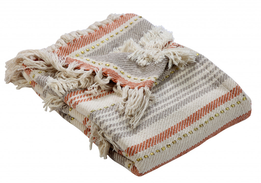 Beige Woven Cotton Striped Throw Blanket - Minihomy