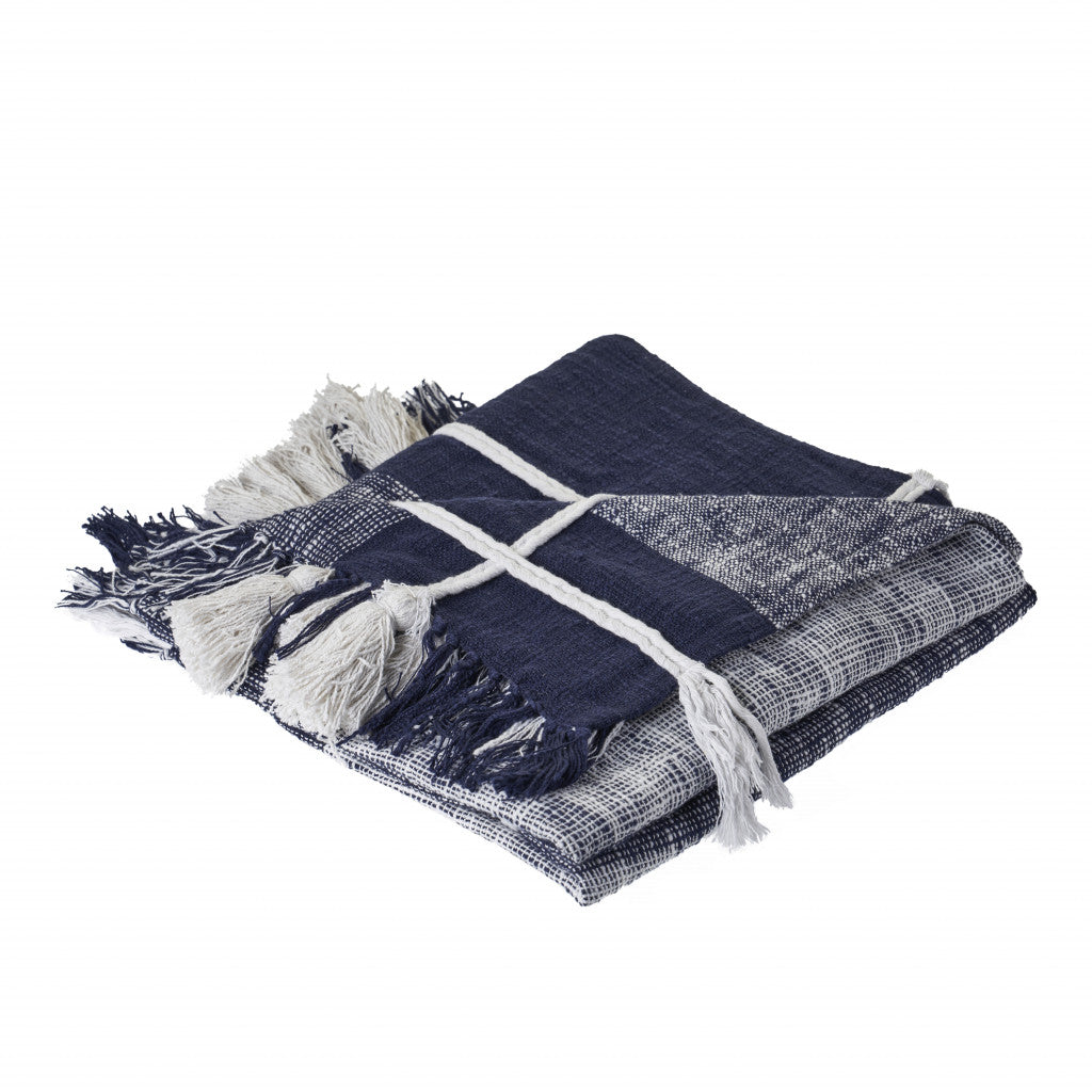 Blue and White Woven Cotton Checkered Throw Blanket - Minihomy