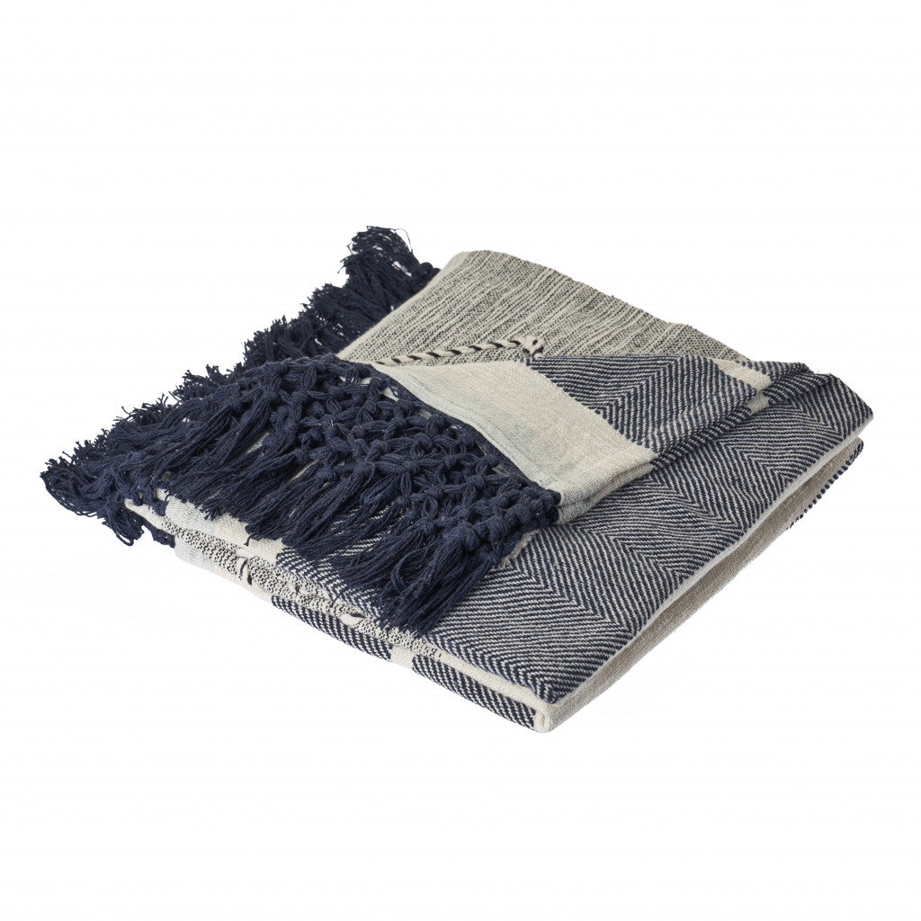 Black and Blue Woven Cotton Striped Throw Blanket - Minihomy