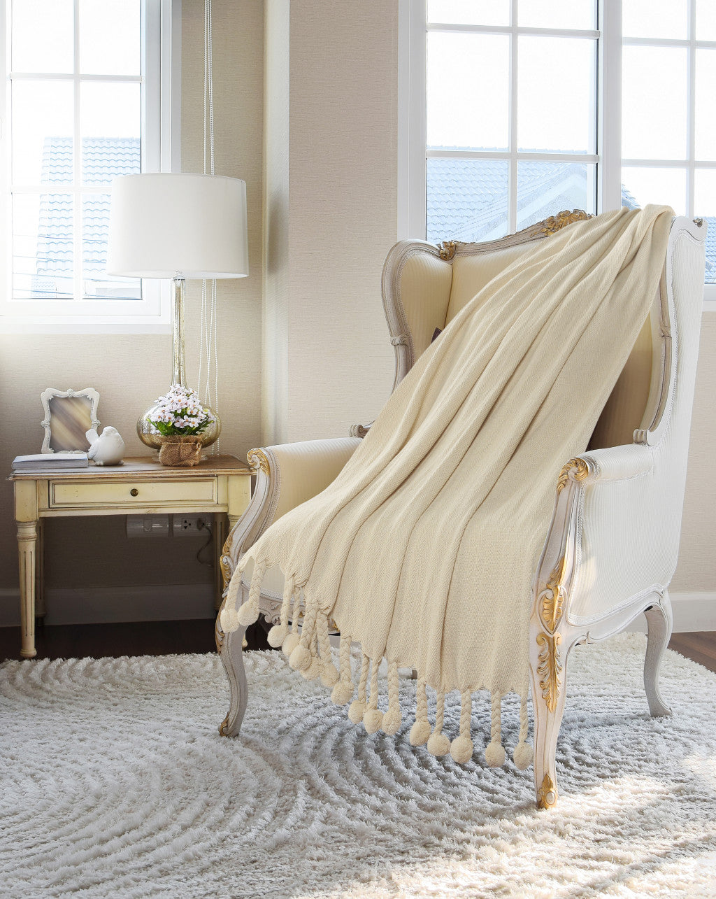 Cream Woven Cotton Chevron Throw Blanket - Minihomy