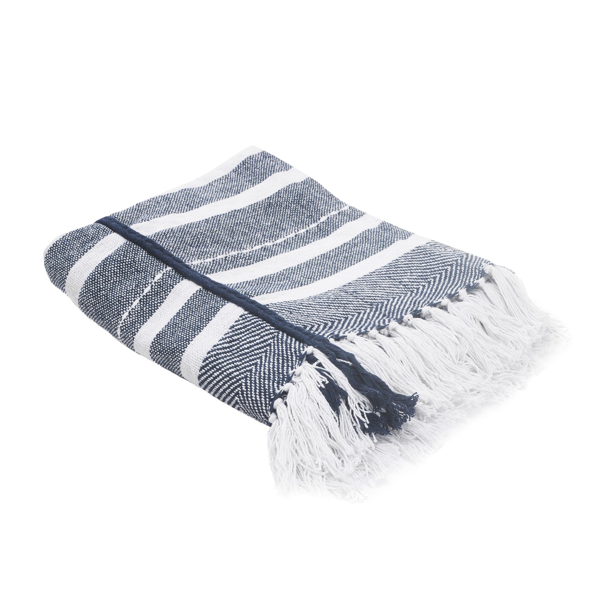 Blue and White Woven Cotton Striped Throw Blanket - Minihomy