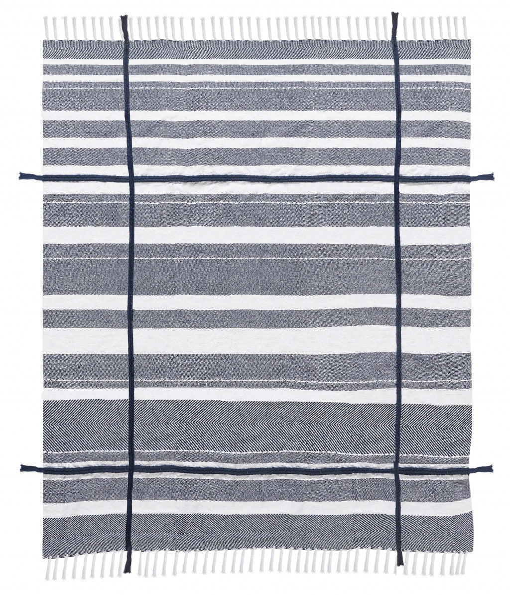 Blue and White Woven Cotton Striped Throw Blanket - Minihomy