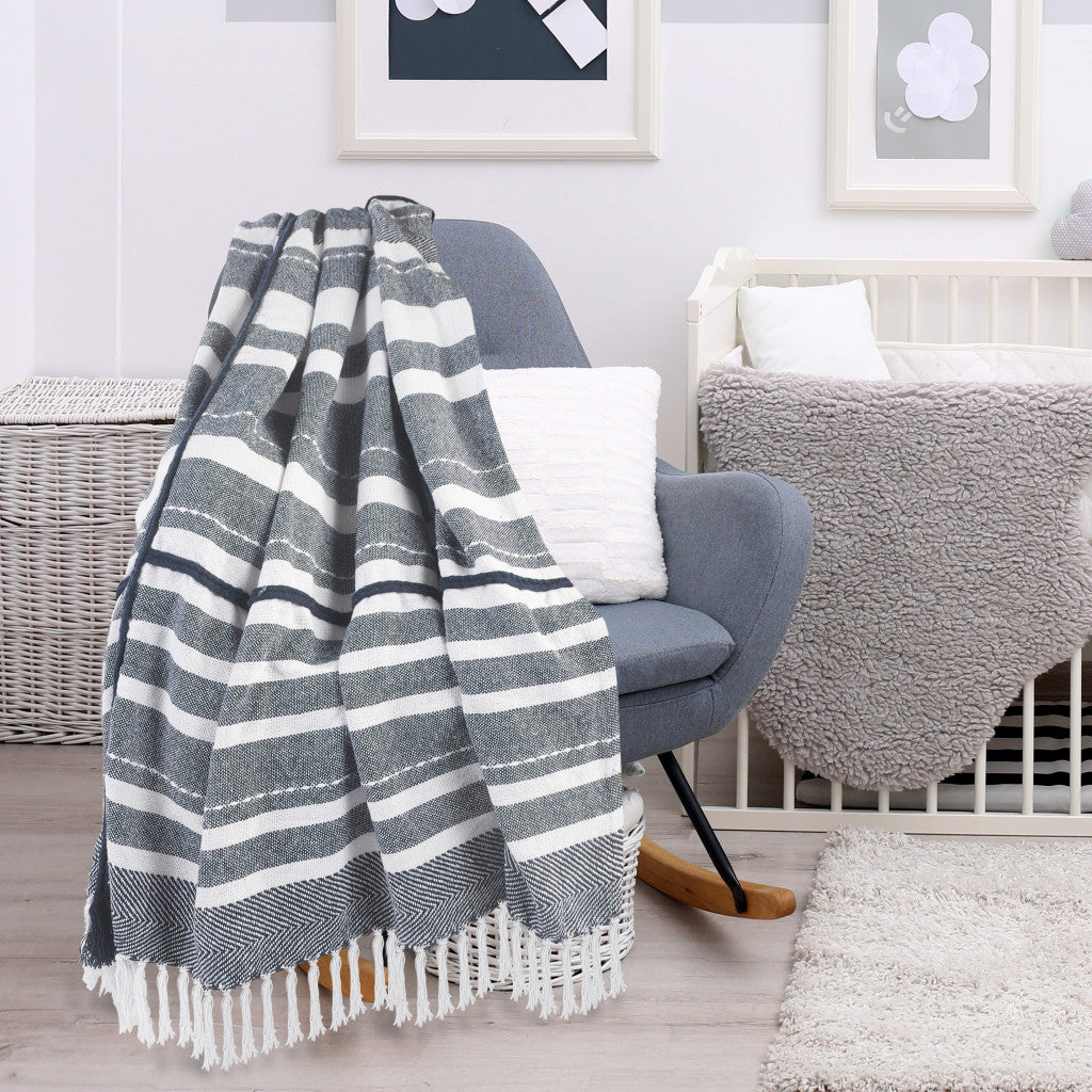 Blue and White Woven Cotton Striped Throw Blanket - Minihomy