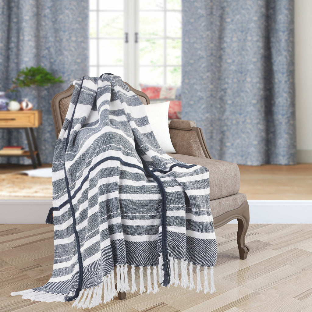 Blue and White Woven Cotton Striped Throw Blanket - Minihomy