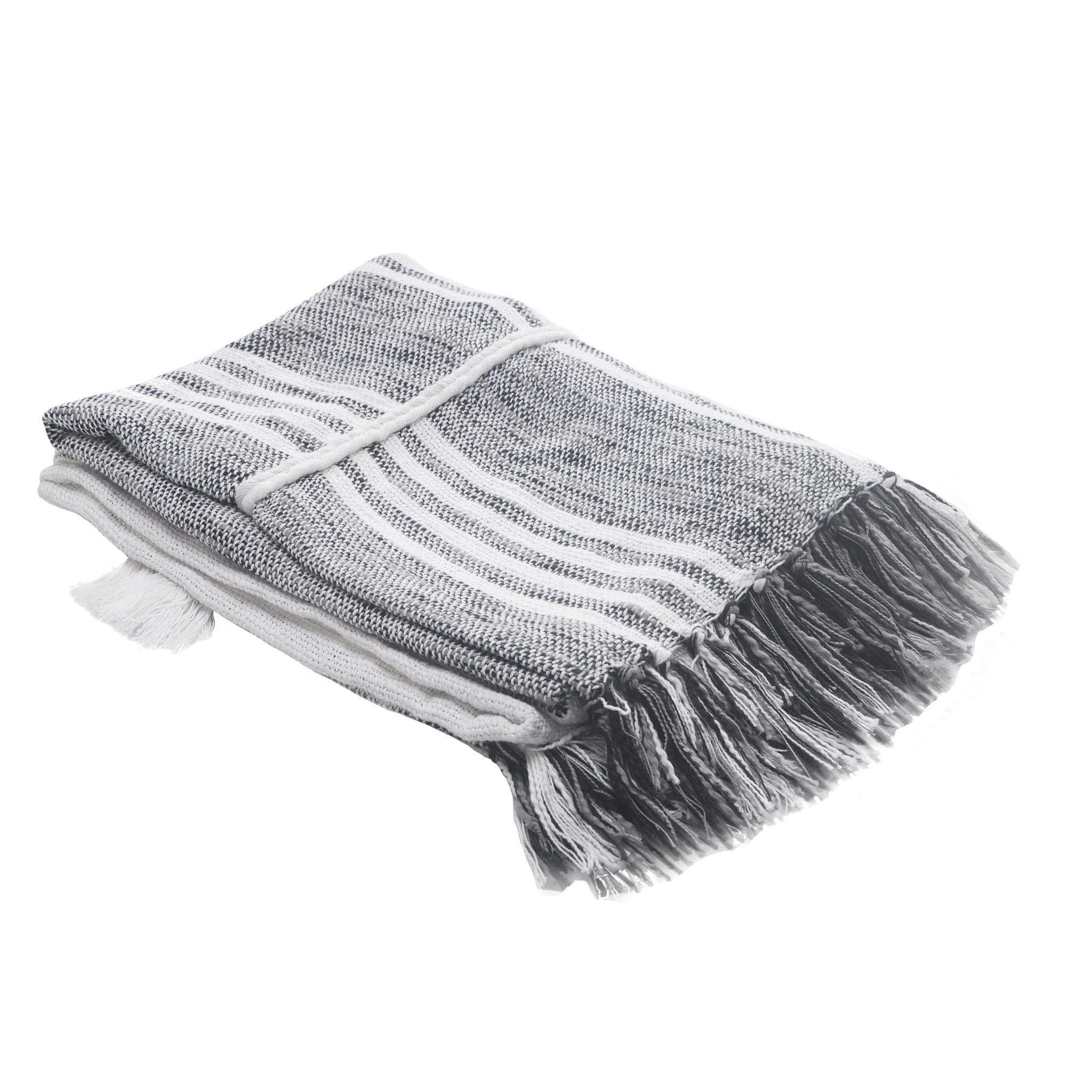 Gray and White Woven Cotton Striped Throw Blanket - Minihomy