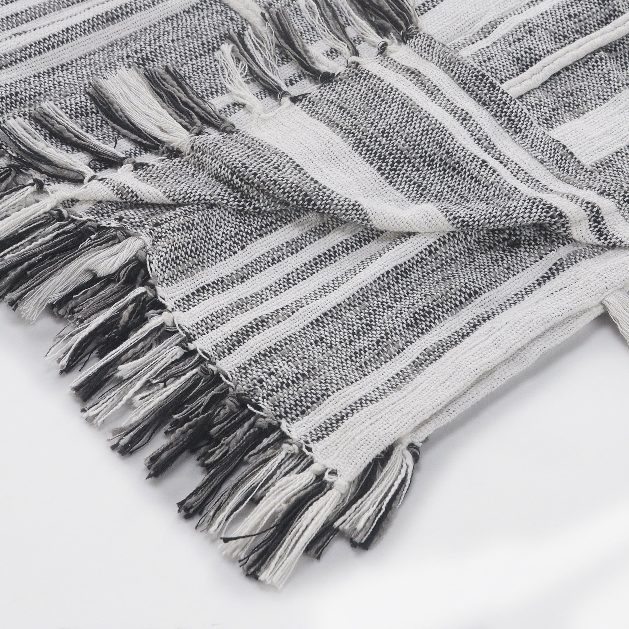 Gray and White Woven Cotton Striped Throw Blanket - Minihomy