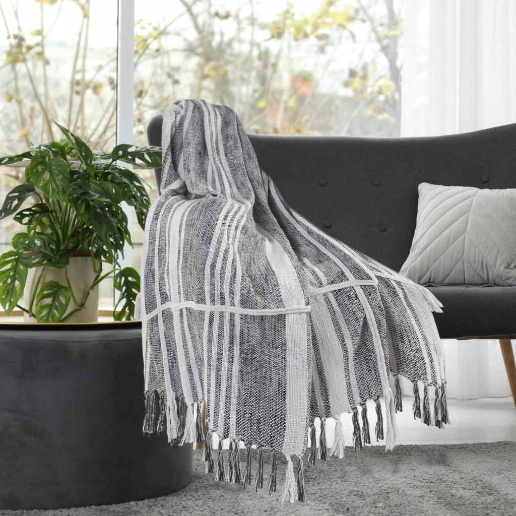 Gray and White Woven Cotton Striped Throw Blanket - Minihomy