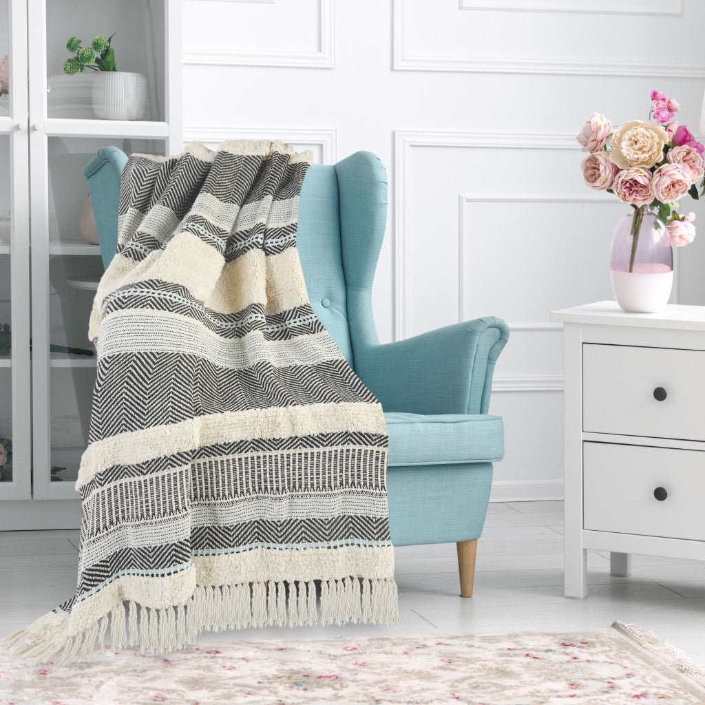 Cream Woven Cotton Herringbone Throw Blanket - Minihomy