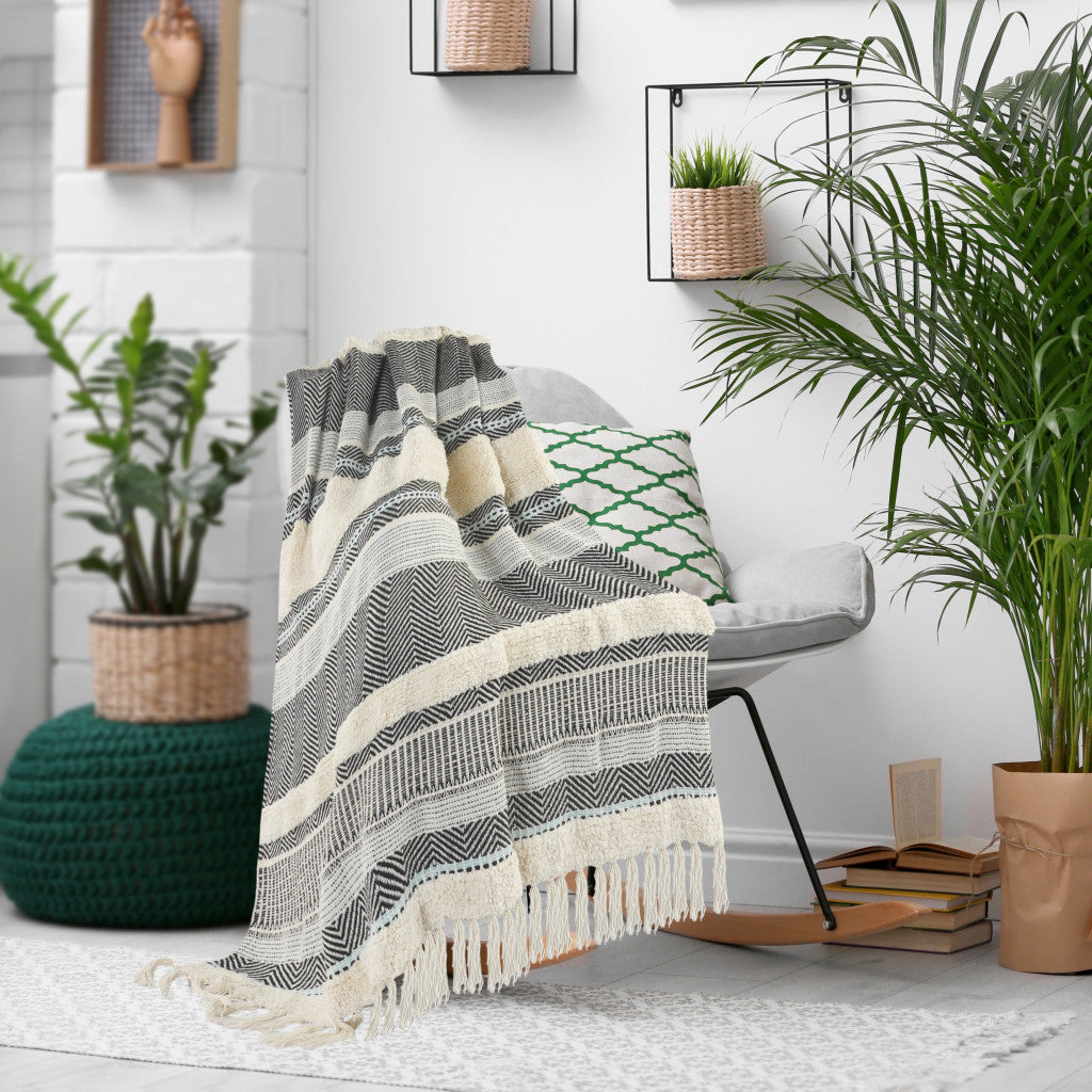 Cream Woven Cotton Herringbone Throw Blanket - Minihomy