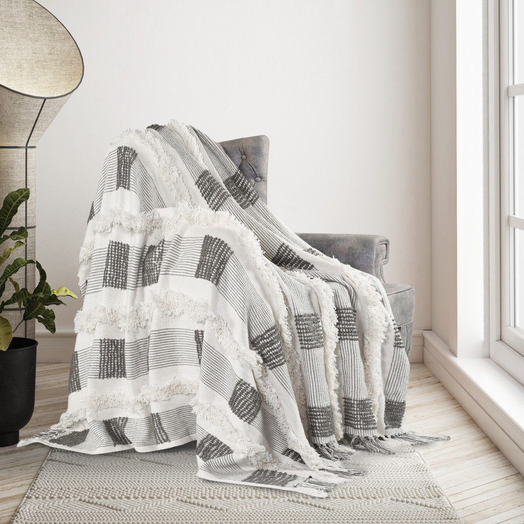 Gray and White Woven Cotton Checkered Throw Blanket - Minihomy