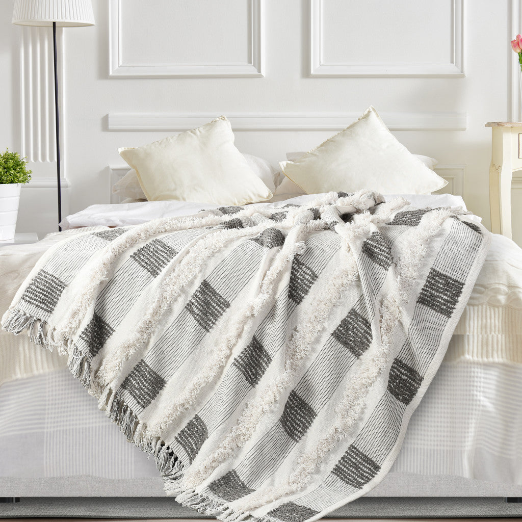 Gray and White Woven Cotton Checkered Throw Blanket - Minihomy