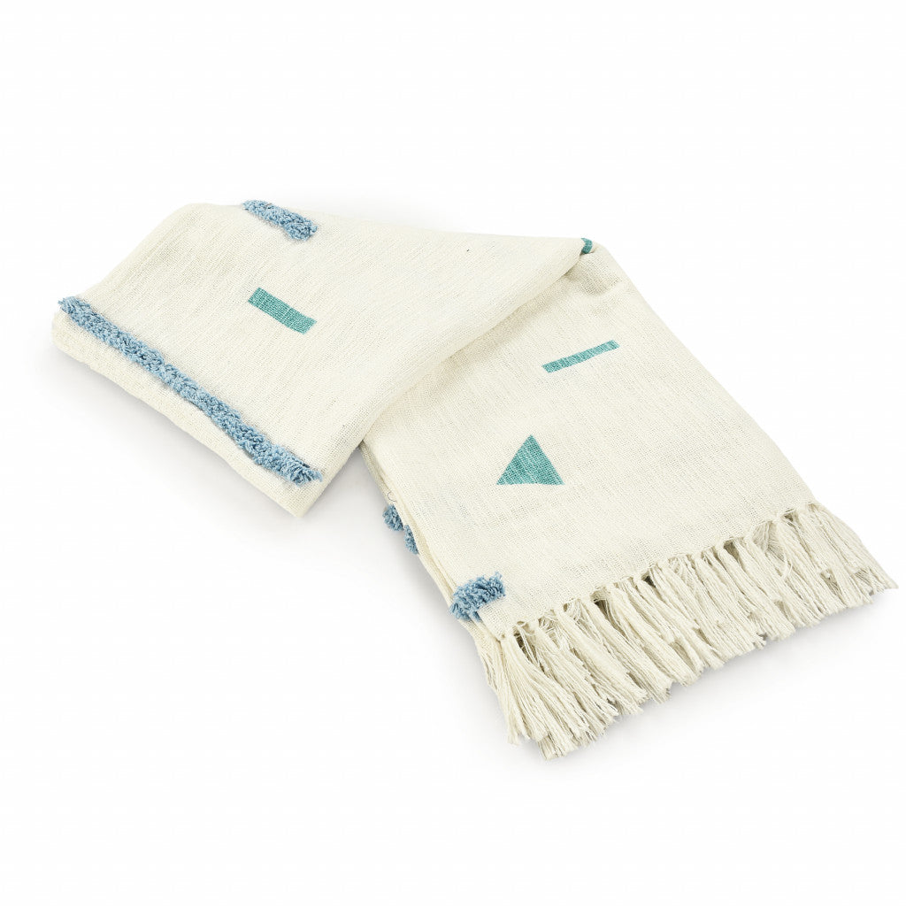 Cream Woven Cotton Geometric Throw Blanket - Minihomy