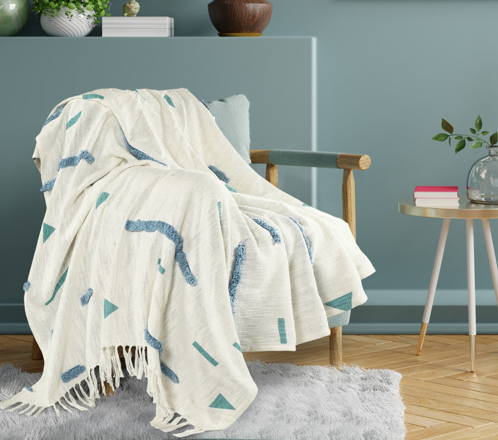 Cream Woven Cotton Geometric Throw Blanket - Minihomy