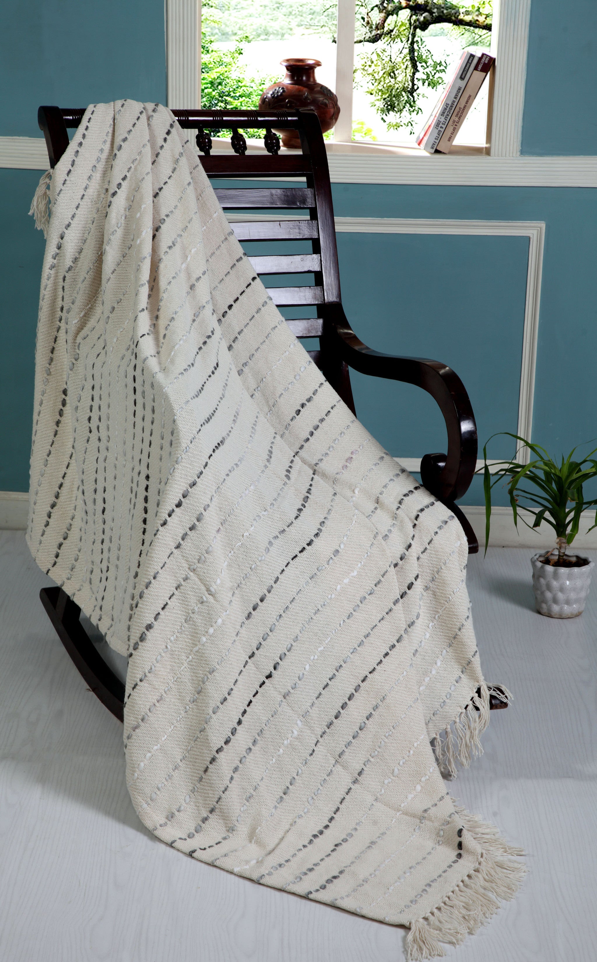 Cream Woven Cotton Striped Throw Blanket - Minihomy