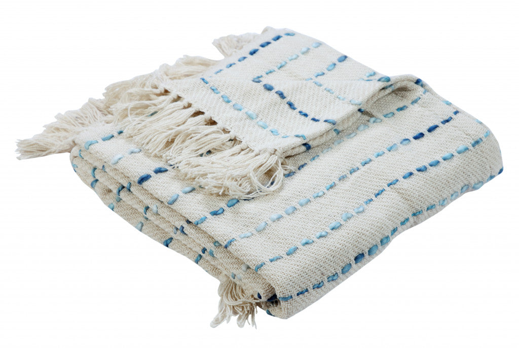 Cream Woven Cotton Striped Throw Blanket - Minihomy