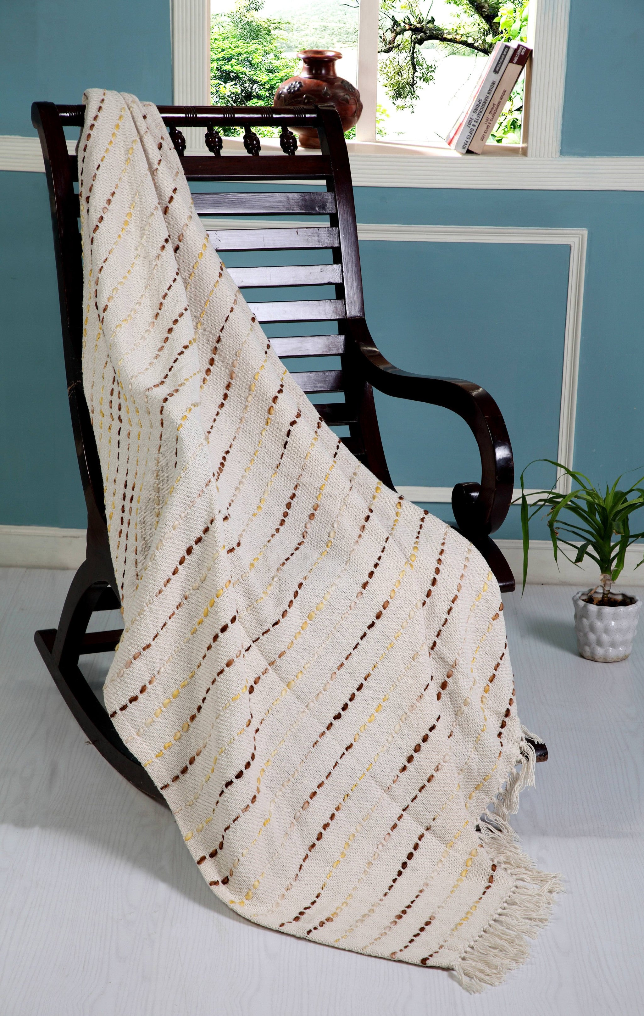 Cream Woven Cotton Striped Throw Blanket - Minihomy